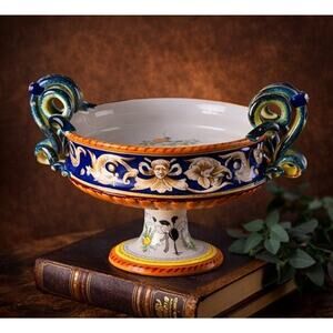 Antique Italian Majolica Saca Deruta Compote Raffaellesco Serpentine Handles